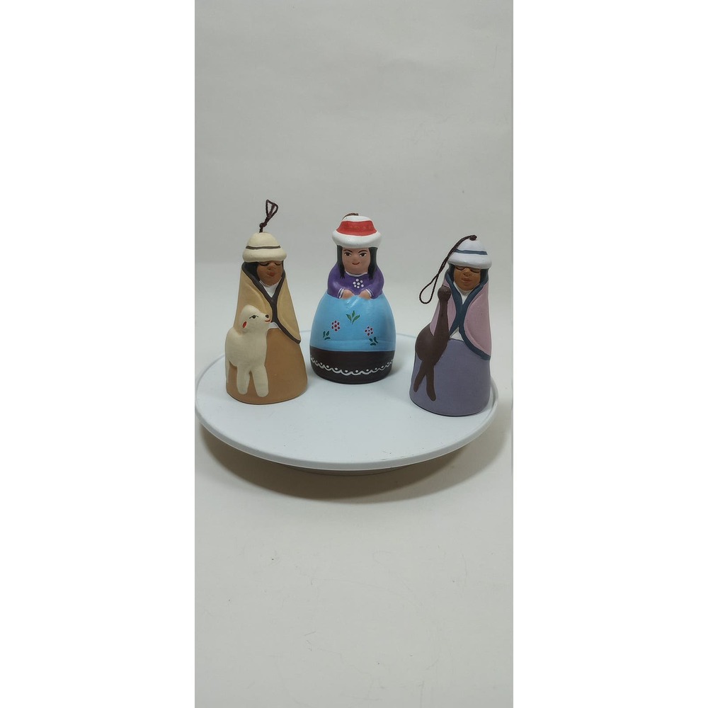 Vintage Peru Incan Bell Figures Handpainted Llama Sheep (4c)